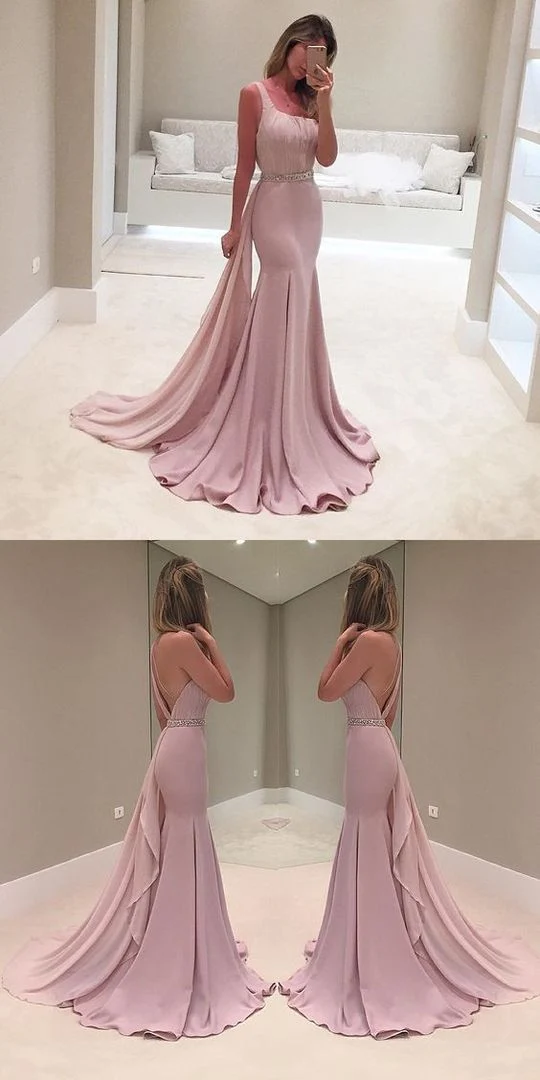 Blush Pink V Back Trumpet Lång Balklänning med drapering