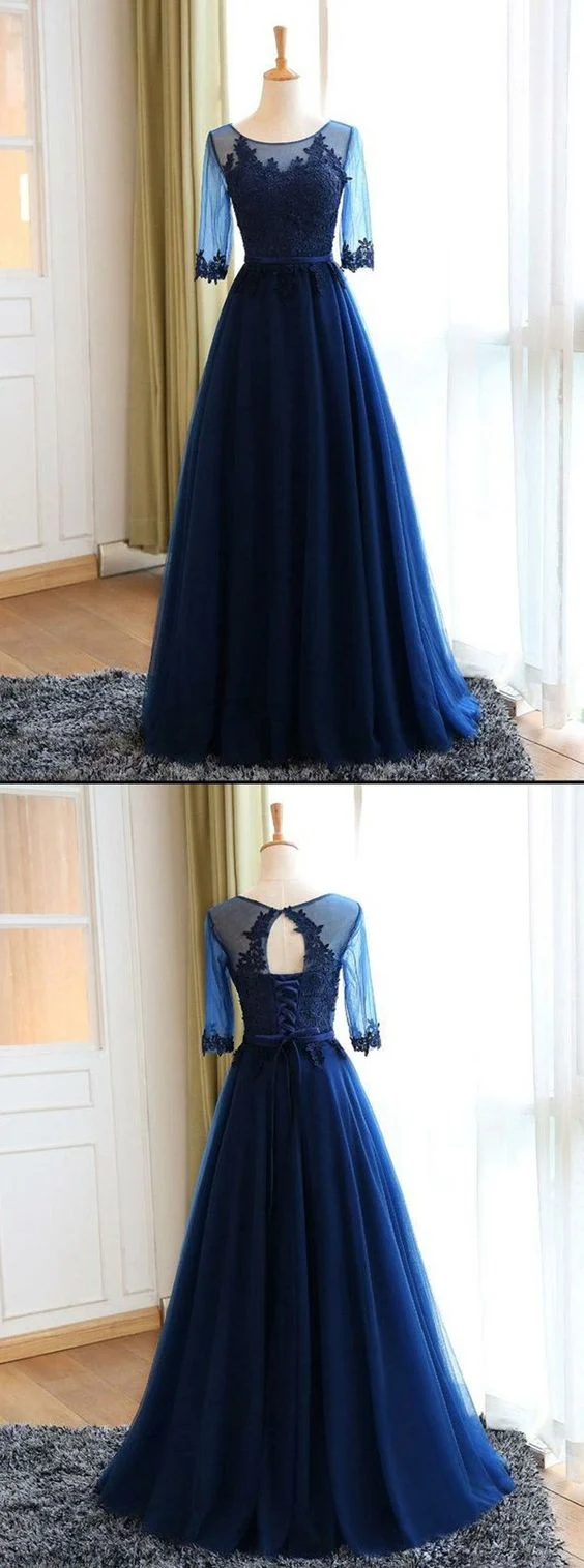 Vintage marinblå juvelhals Modest blå långärmad balklänning
