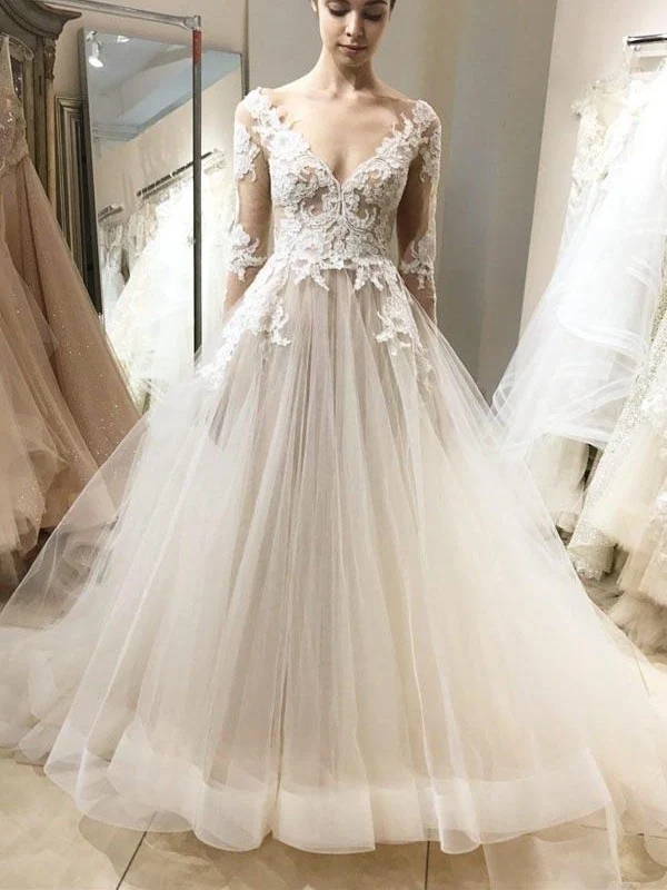 Romantisk Fairy Långärmad Elegant Spets Top Tyll Bröllopsklänning med ärmar