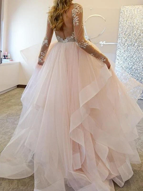 Rygglös Tyllkjol Långärmad Princess Ruffle Bröllopsklänning med ärmar