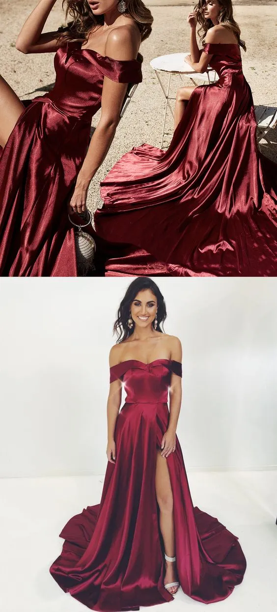 Rabatt Röd Sexig Off Shoulders Side Slit Balklänning