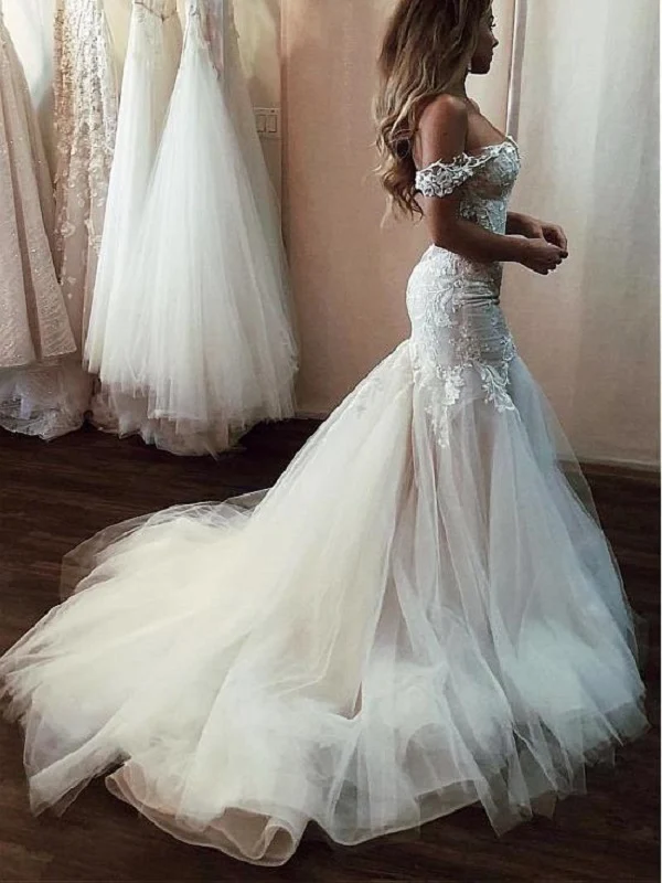 Princess BreathTaking Mermaid Tyll Off Shoulder Bröllopsklänning med spetstopp