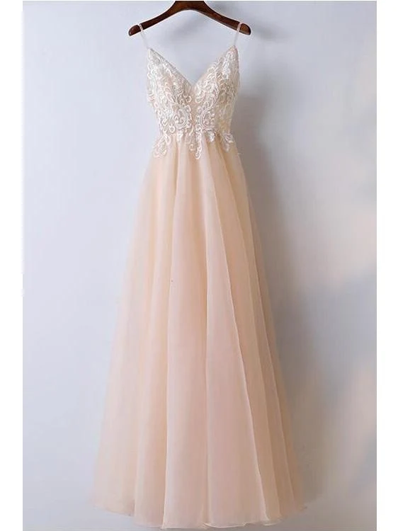 Champagne Spets Top Spaghetti Straps A line Tyll Prom Dress Graduation Dress