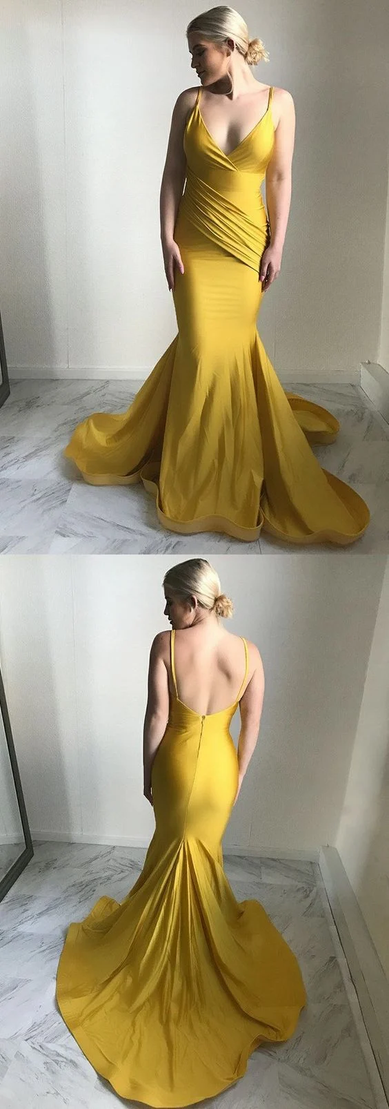 Gula rygglösa spaghettiband Bodycon Mermaid Enkel balklänning högtidlig klänning