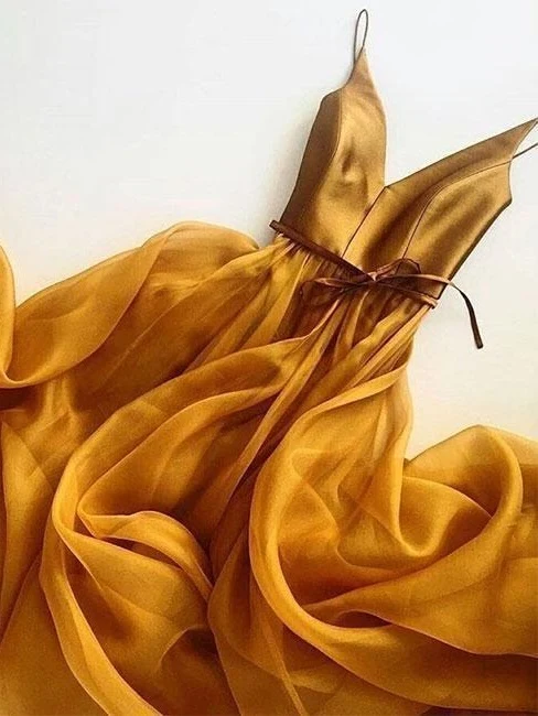 Guld Balklänning Lång Organza Spaghetti Straps Party Aftonklänning