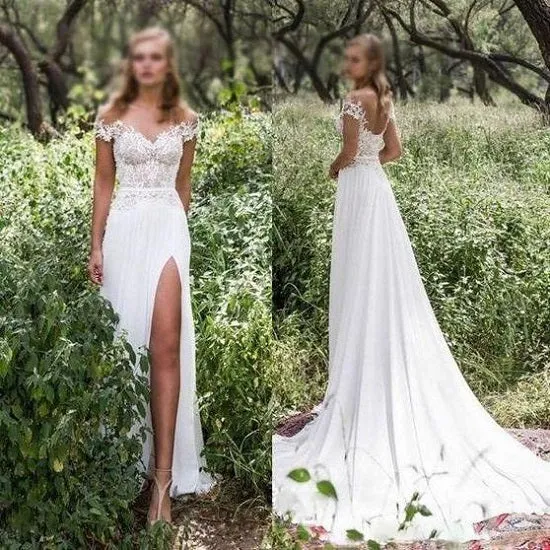 Boho Side Slit Flowy Lace Top Bröllopsklänning