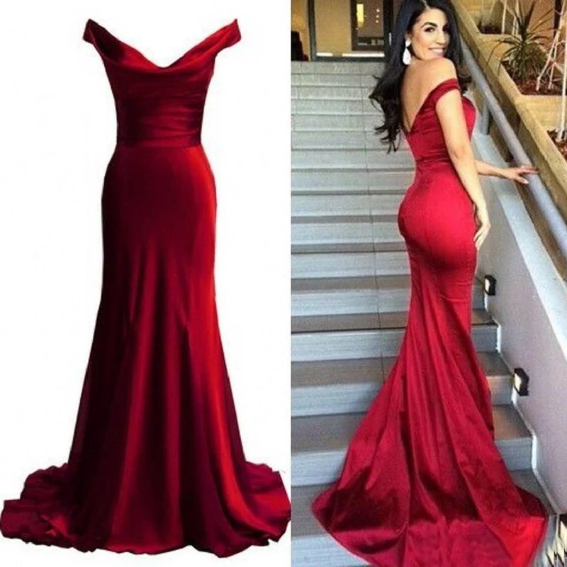 Mode Off Shoulder Lång Tight Mermaid Burgundy högtidlig klänning