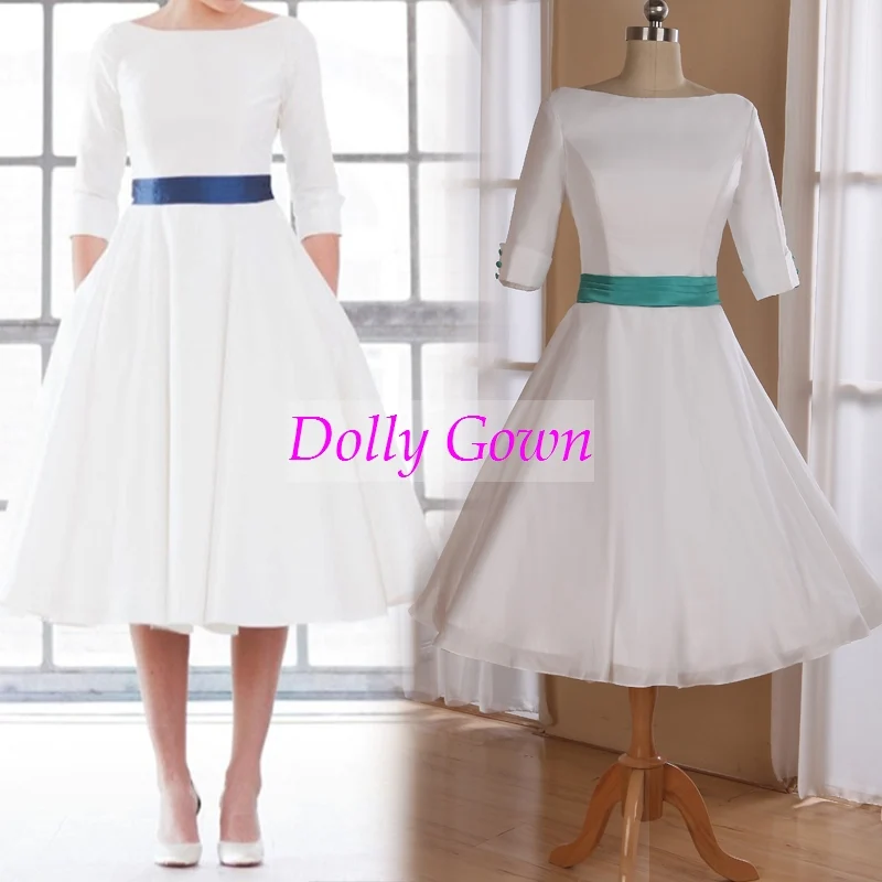 Backless 50s Tea Lång Bröllopsklänning med ärmar | Deep V Back Vintage kort bröllopsklänning med fickor