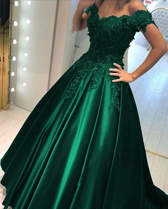 Satin Hunter Green Off Shoulders Balklänning Balklänning med spetsapplikationer
