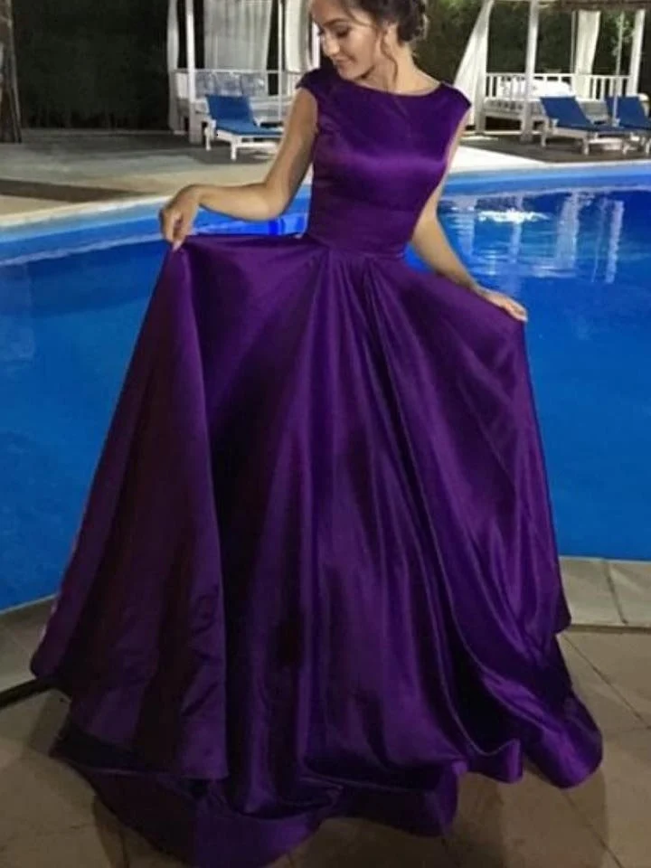 Modest Vintage Style Bateau Neck Lång Lila Balklänning Balklänning