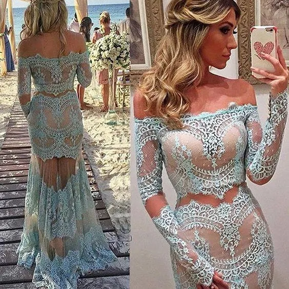 Sexig aftonklänning Spets Ljusblå Off Shoulders Balklänning