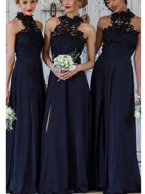Modest Halter Lace Top A-Line Mörkblå brudtärnaklänningar långa med sidoslits