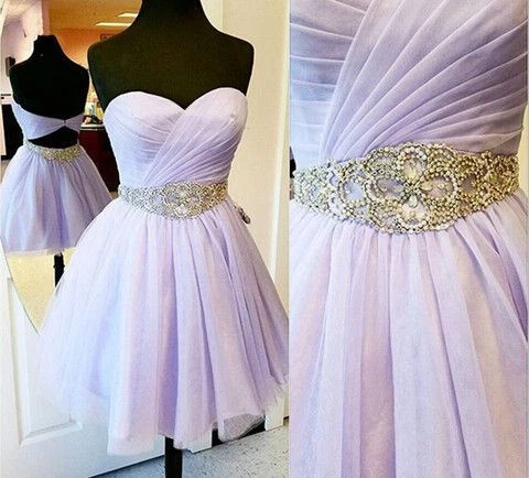 Lavendel Chiffong Sweetheart Neck Hemkomstklänning med Rhinestone Bead Midja Panel