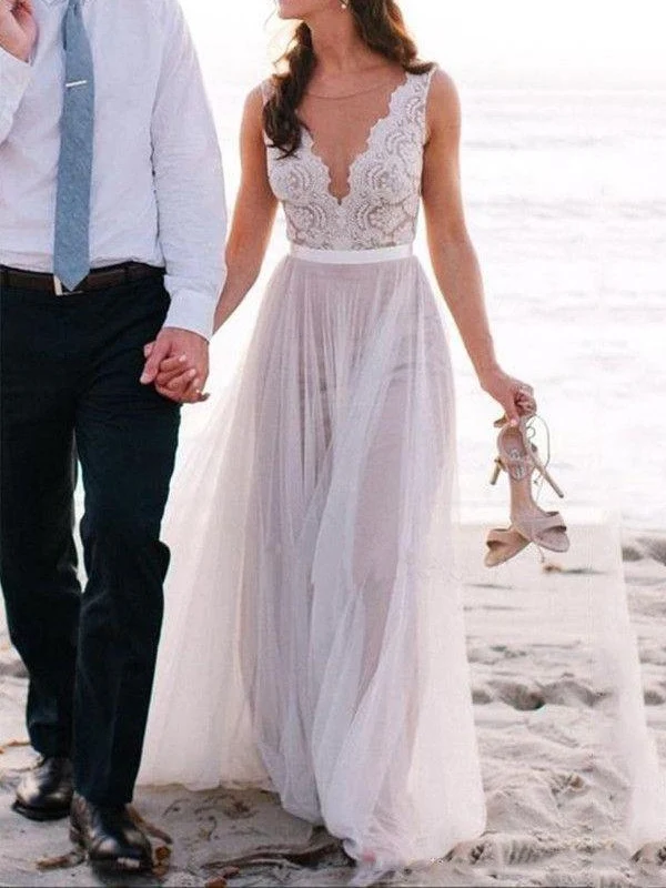 Summer Beach Lace Top Boho Bröllopsklänning med V-rygg