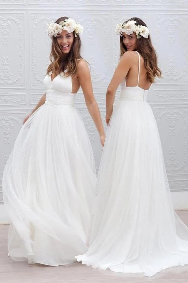 Tyll Bröllopsklänning Spaghetti Straps Bröllopsklänning Flowy Bröllopsklänning Sexig Bröllopsklänning,WS074