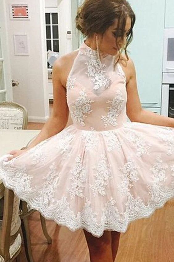 Halter Neck Pearl Pink Kort spets bröllopsklänning Kort spets balklänning