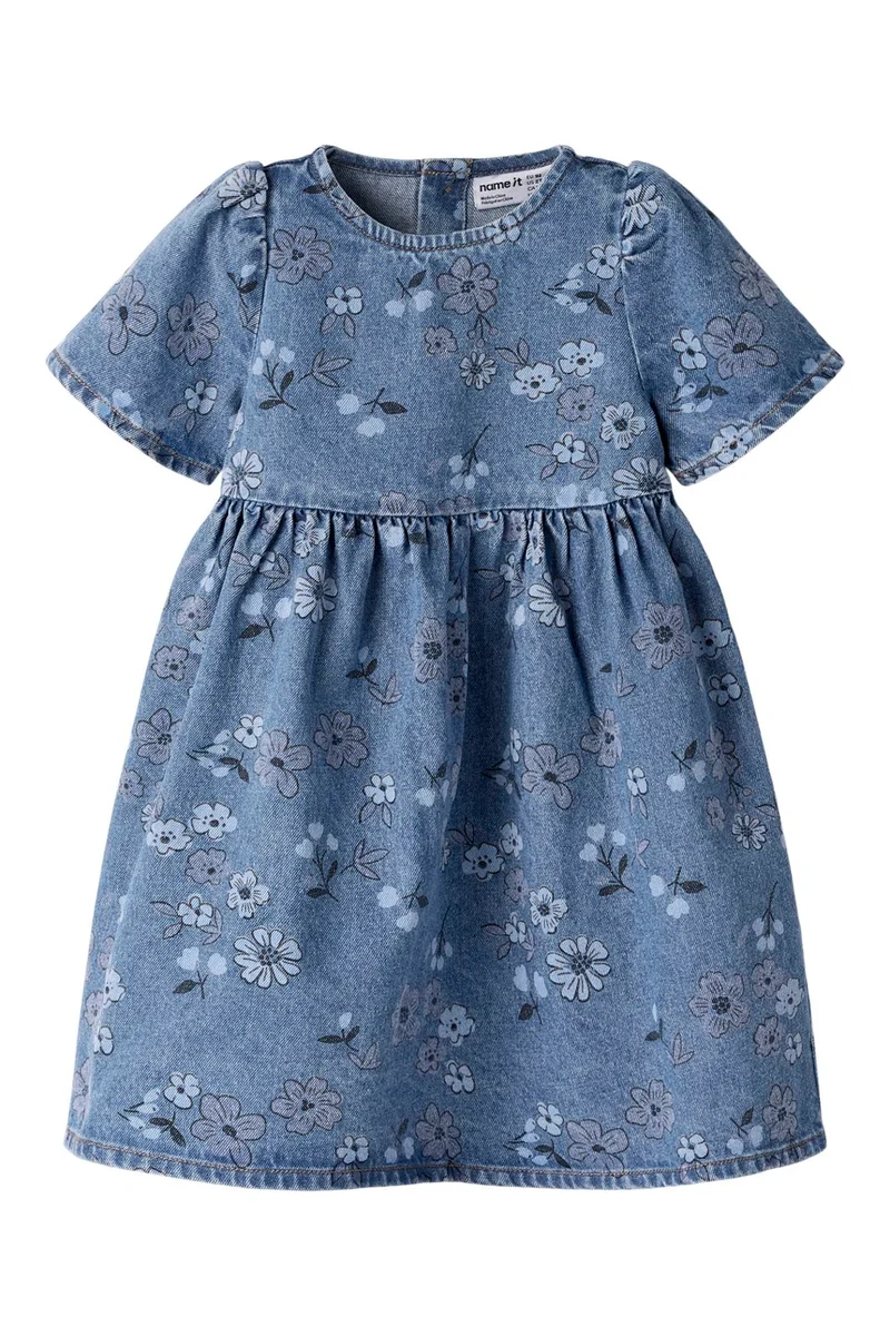 Name It - Nmfanna Ss Loose Dress 2633-Im - 5101306 Medium Blue Denim Flower