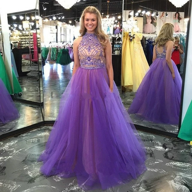 Lavendel Halter Neck Tvådelad Rhinestone balklänning med tyllkjol