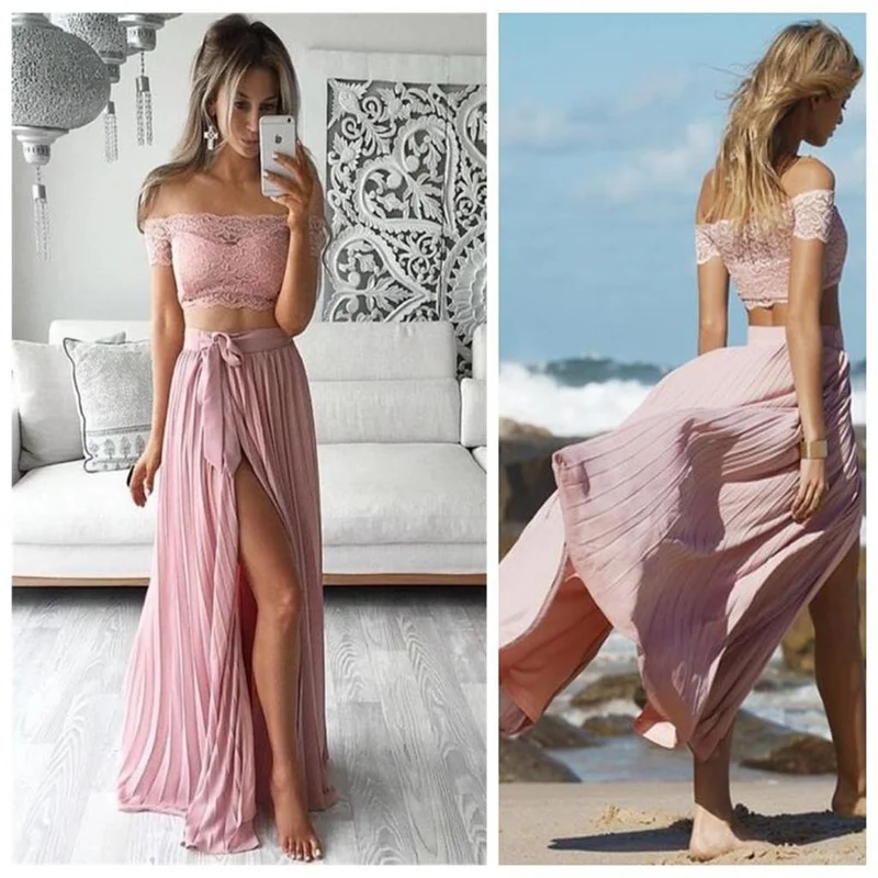 Beach Boho Dusty Pink Tvådelad Bröllopsklänning | Balklänning | Festklänning