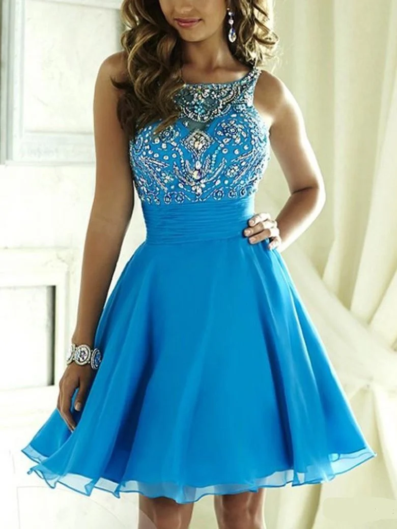 Rhinestones Bead Top Blue Chiffong A-line Short Homecoming Dress