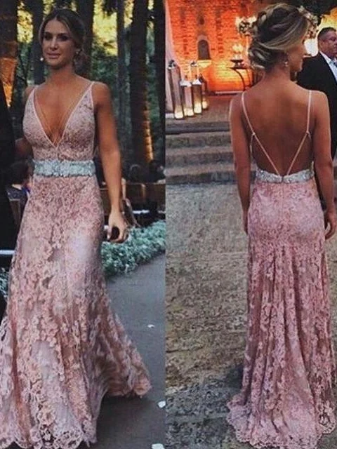Rosa Bröllopsklänning Rosa Spets Balklänning Boho Balklänning Rygglös Sexig Balklänning MA061