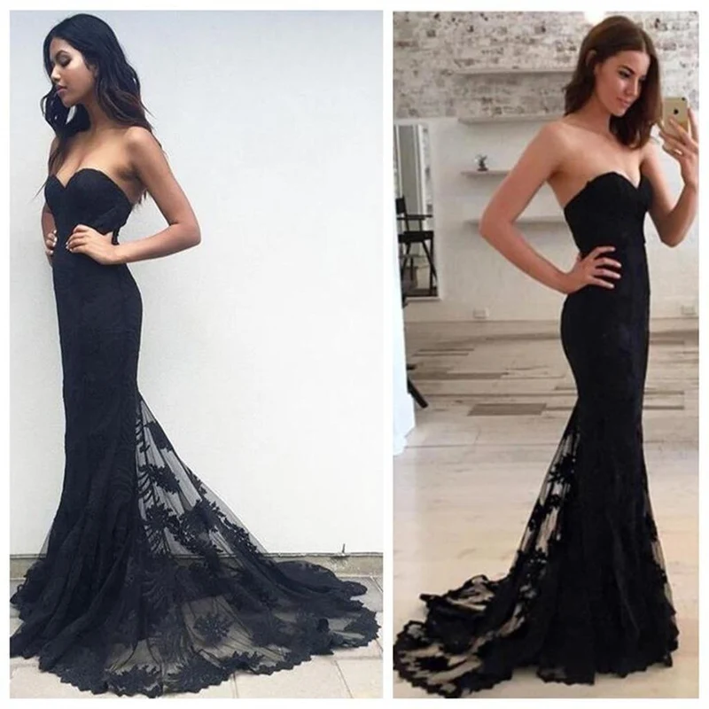 Sweetheart Black Mermaid Lace Balklänning med Sweep Train