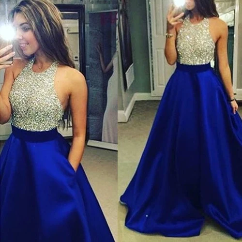 Graduacion Halter Royal Blue Bead Formell klänning med fickor