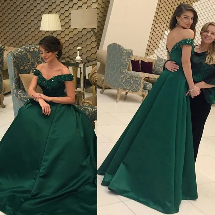 Smaragdgrön spets Top Off Shoulders Satin Balklänning Balklänning