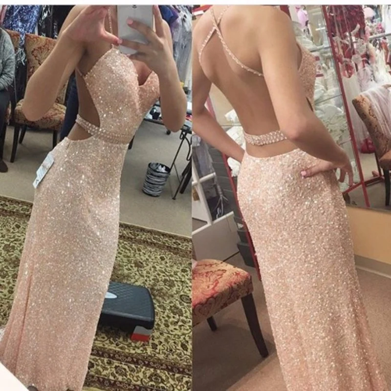 Backless Light Champagne Paljetter Kors och tvärs Straps Aftonklänning