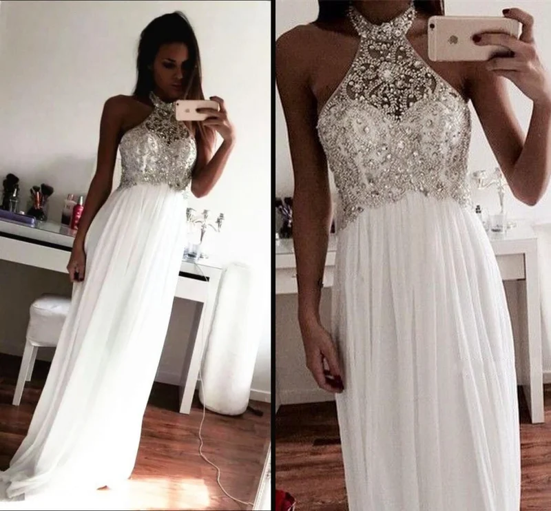 Vit balklänning Lång högtidsklänning Elegant balklänning Glittrande aftonklänning