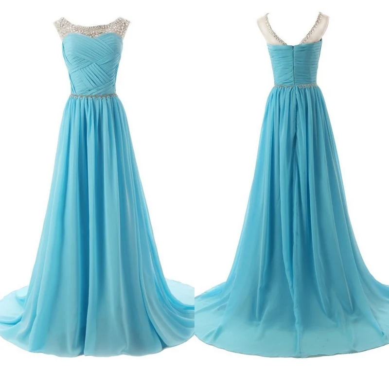 A-line Chiffong Bead Blue Illusion Neck Balklänning