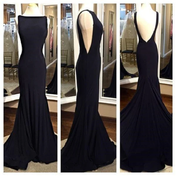 Svart Backless Bateau Neck Slida Lång balklänning