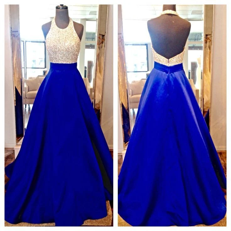 Halte rygglösa paljetter Topp Royal Blue Prom Dress
