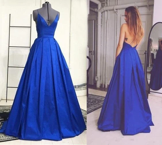 Royal Blue Spaghetti Straps Djup V-ringad Balklänning Balklänning med korsade band tillbaka