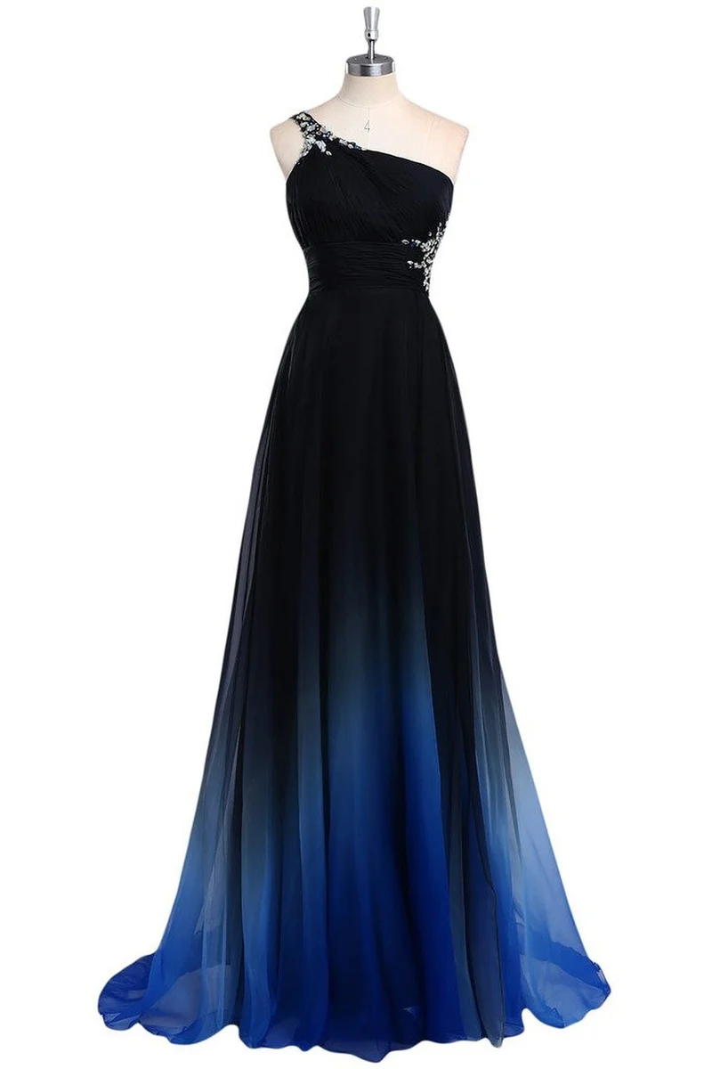 Ombre Chiffong Long One Shoulder Brudtärnklänningar med oregelbundna band bak