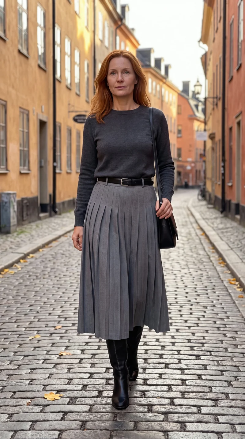 Elegant Plisserad Midikjol för Kvinnor med Smickrande Bältesdetalj | Tidlös Stil för Mångsidiga Tillfällen