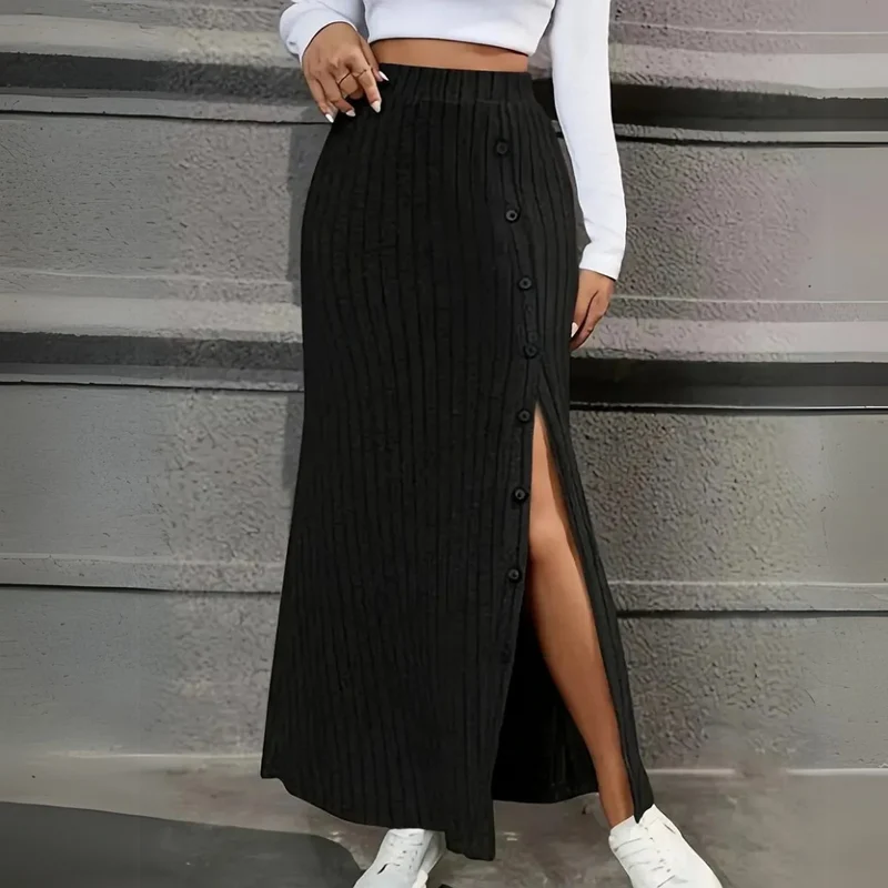 Elegant Ribbad Maxikjol | Hög Midja med Sidoslits för Bekväm Stil