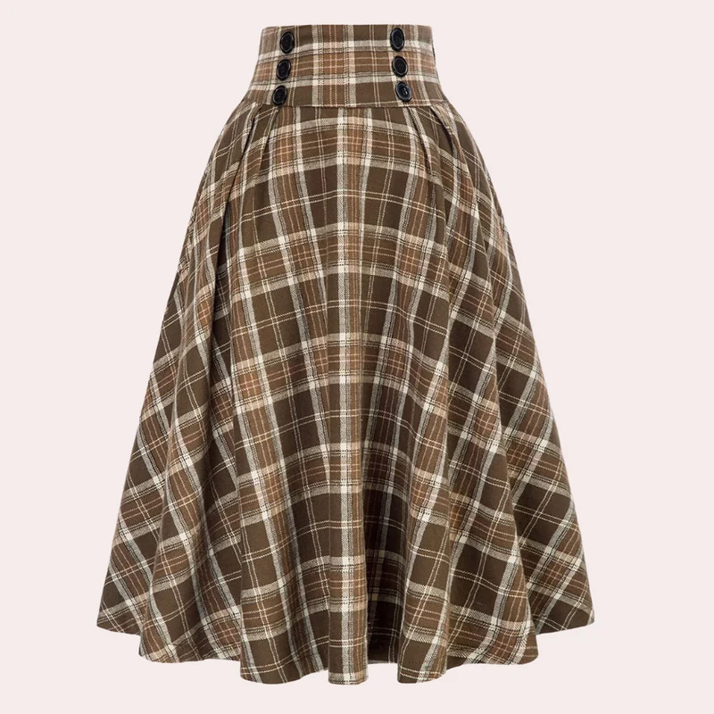 Elegant A-Linje Kjol | Rutig Midikjol med Hög Midja för Tidlös Stil