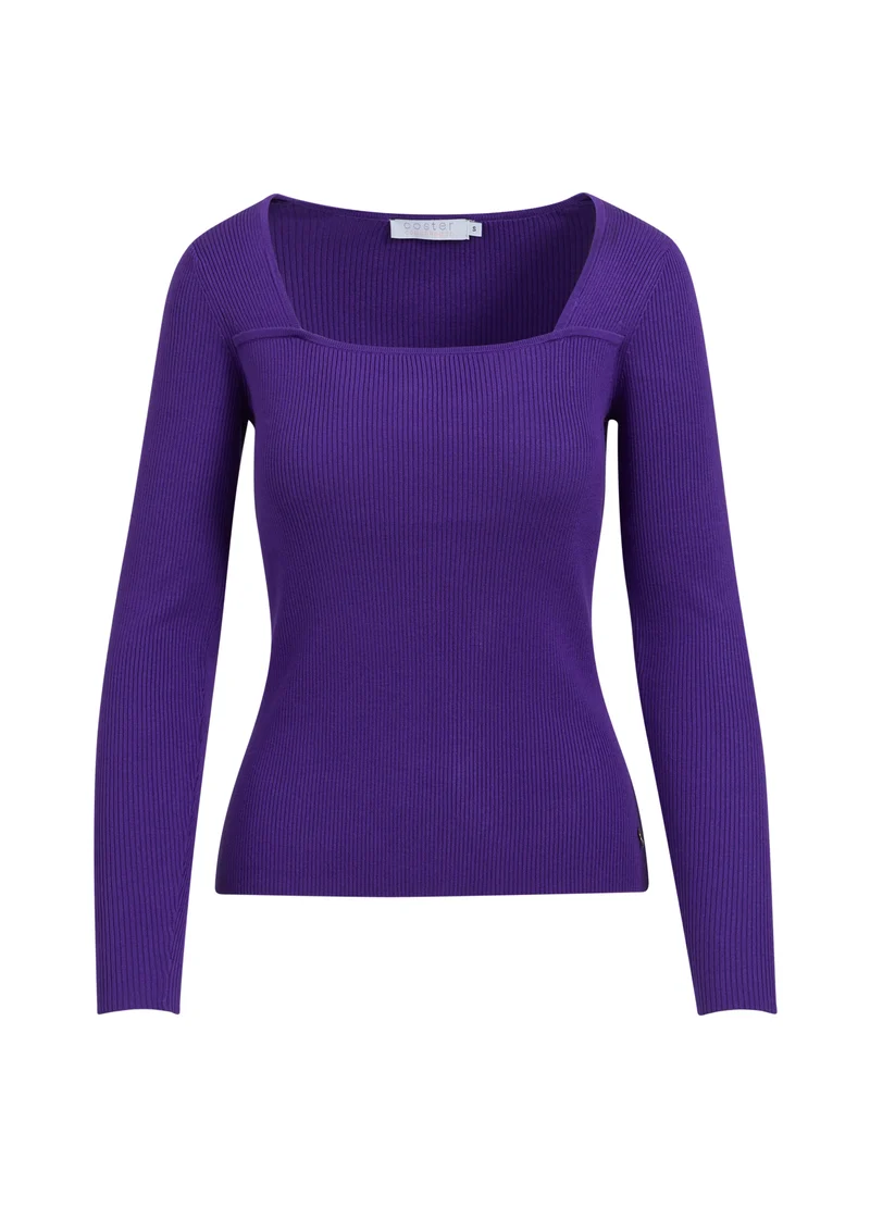 STICKAD TRÖJA M. LÅNGA ÄRMAR OCH FYRKANTIG HALSRINGNING - Warm purple