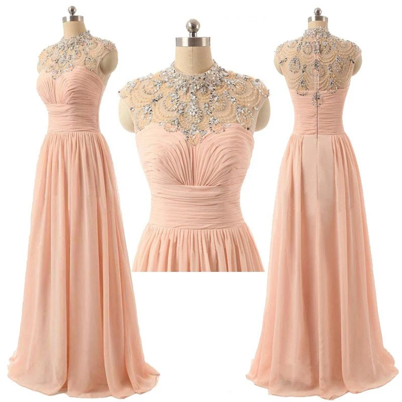 Rosa Lång Strass Illusion Neck Chiffong Balklänning | Aftonklänning
