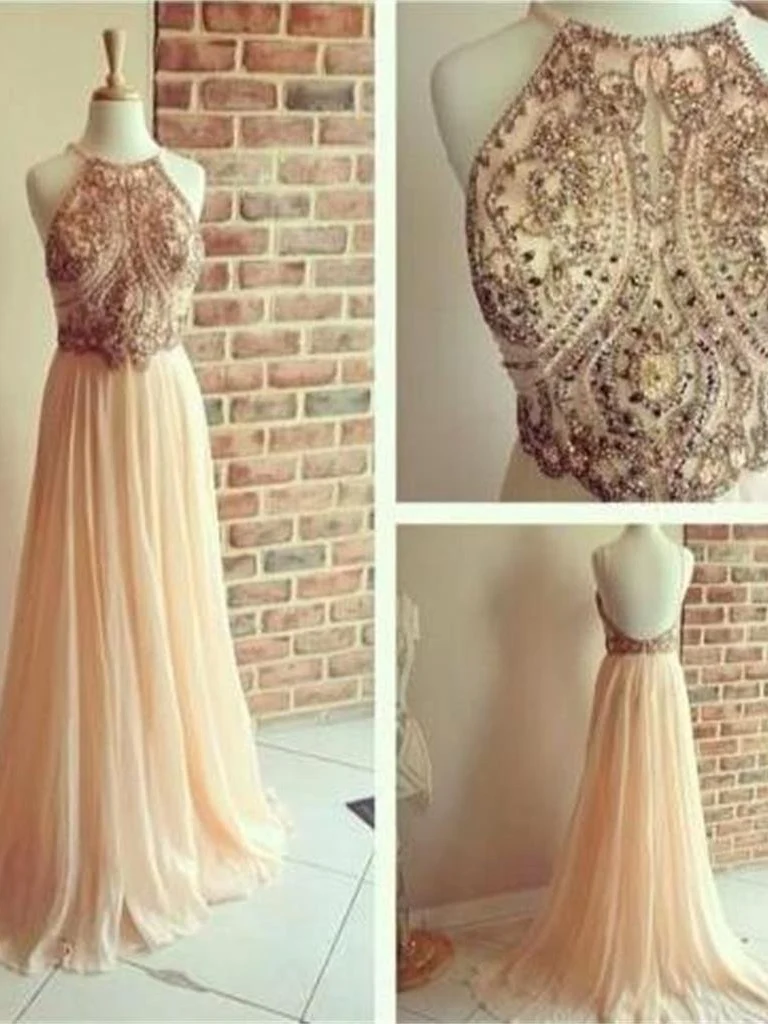 Dammiga rosa formella klänningar Backless Bead Balklänning