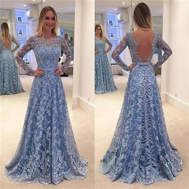 Blå Modest Lace Backless Långärmad balklänning