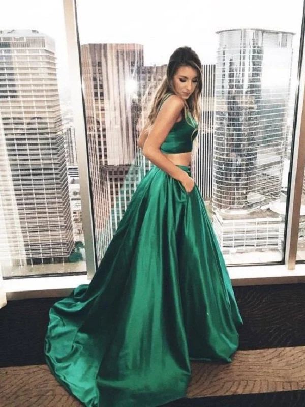 Smaragdgrön Tvådelad Satin Crop Top Balklänning Balklänning