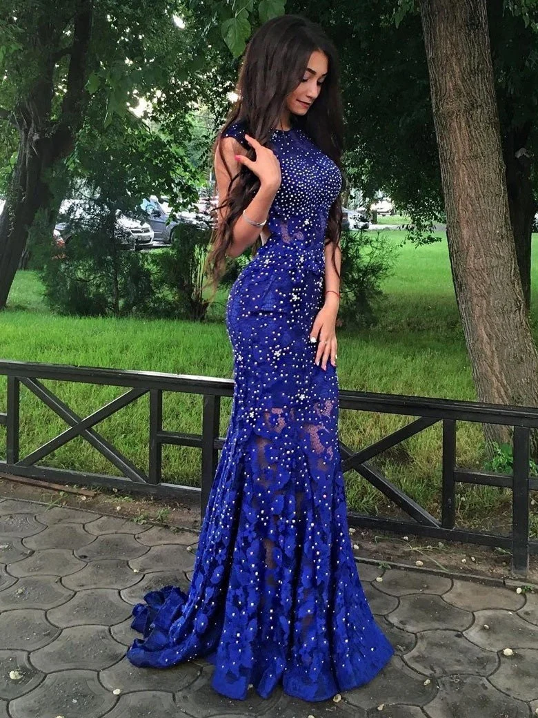 Glitter Royal Blue Formell Spets Balklänning med öppen rygg