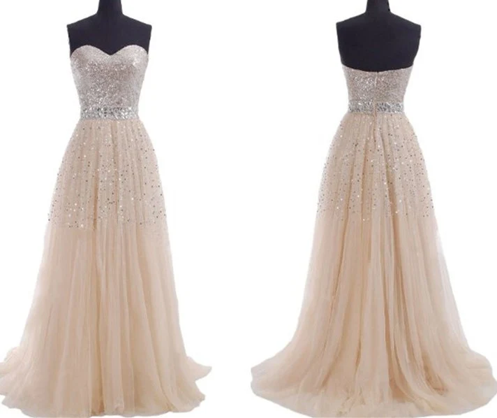 Fairytale Glitter Champagne Bling axelbandslös lång balklänning