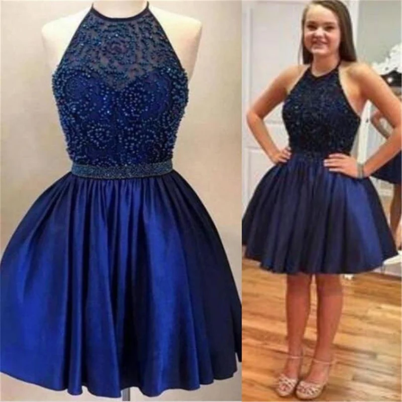 Marinblå Halter Neck Bead Top Kort Hemkomstklänning För Freshman