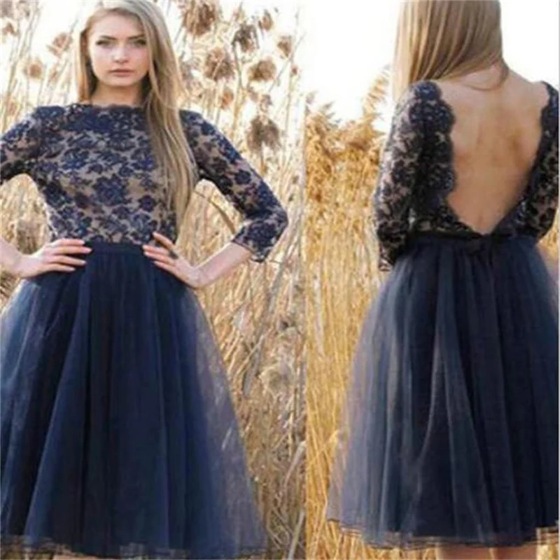 Modest Short Homecoming Dress Marinblå Homecoming Dress Långärmad Homecoming Dress SSD017