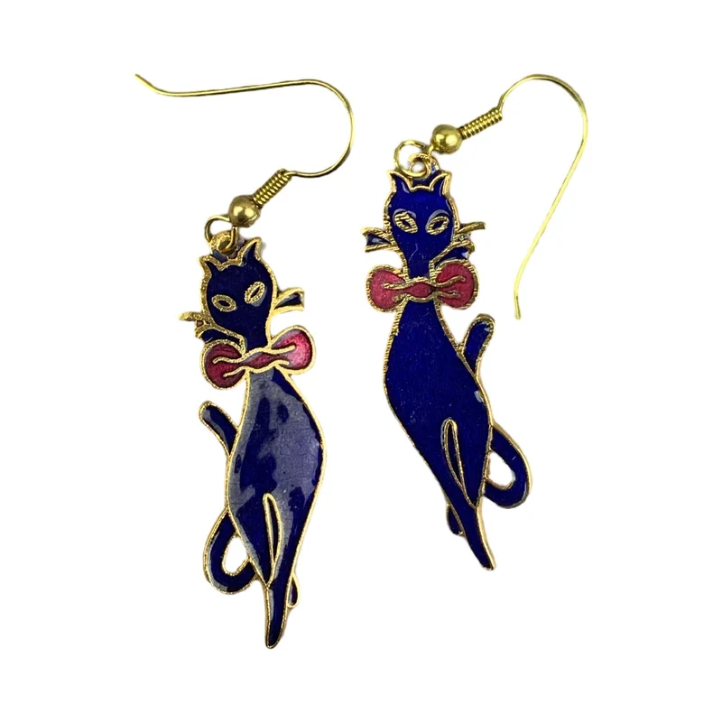 VTG 90S DOES 60S NAVY GOLD RED ART NOUVEAU CAT ENAMEL DROP EARRINGS ENV10