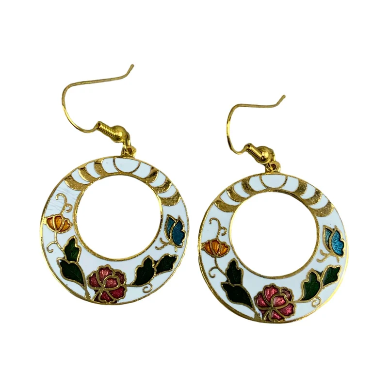 VTG 90S WHITE GOLD PINK GREEN FLORAL ART DECO ENAMEL GEOMETRIC EARRINGS ENV11