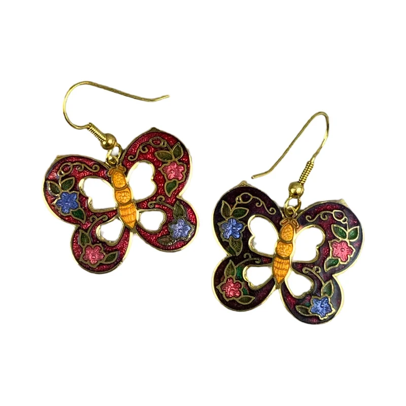 VTG 90S RED GOLD BLUE ORANGE ENAMEL ART DECO BUTTERFLY DANGLE EARRINGS ENV14